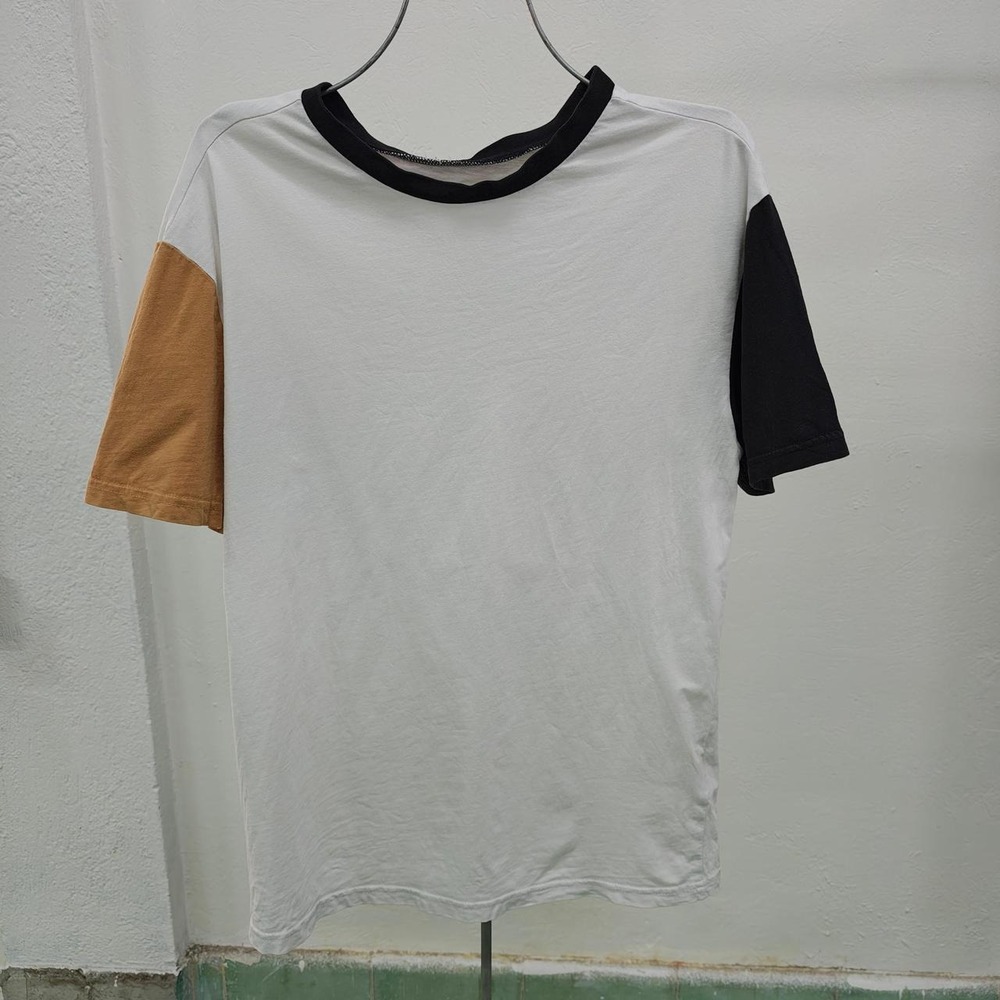 HM Womens Colorblock T-Shirt White Black Tan Crew Neck Short Sleeve Top L